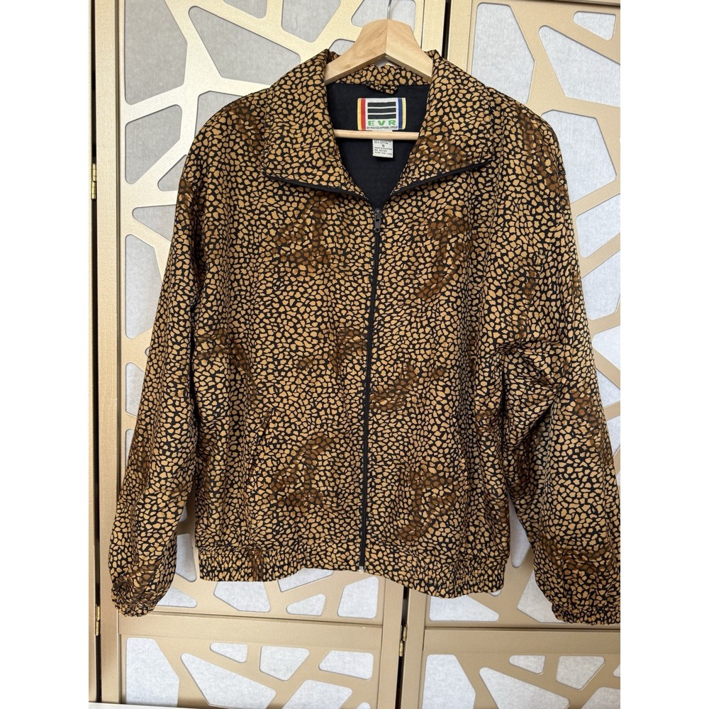VTG EVR Womens Track Jacket‎ Leopard Animal Print Zip Up Pockets Smocked Waist S